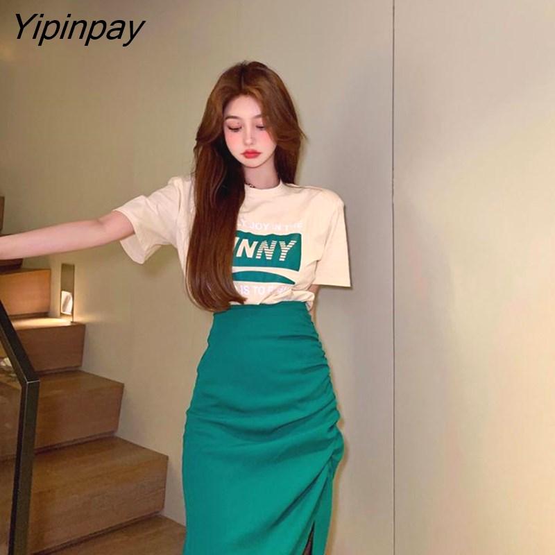 Yipinpay Summer New Two-piece Suit Loose Casual Print T-shirt And High Waist Slit Skirt 2 Piece Set Women