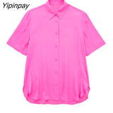 Yipinpay Newest Summer Women Solid Blouses Shirt 2023 Causal Short Sleeved Turn Down Collar Tops Vintage Single Breasted T-Shirts