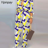 Yipinpay Women Elegant Geometric Print Sashes Pocket Design Straight Button Jumpsuit Sexy Jumpsuit