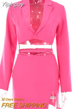 Yipinpay Fall 2023 Two Piece Cropped Blazer Skirt Set 2 Piece Sets Womens Outfit Skirt Femme Button Notched Lace Up Matching Set