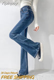 Yipinpay Thicken Velvet Warm Denim Flare Pants Stretch High Waist Casual Winter Plush Bell Bottom Jeans Woman