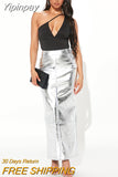 Yipinpay Sparkly Slit Long Skirts Women High Waist Metallic Green Slim Maxi Skirt 2023 Summer Harajuku Elegant Fairy Grunge Clothes