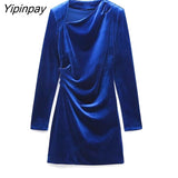 Yipinpay 2023 Autumn Ladies Velvet Mini Dresses Elegant Diagonal Collar Folds Dresses Vintage Simple Long Sleeve Vestidos