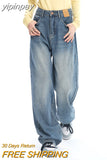 yipinpay Women Blue Jeans Contrasting Colors High Waist American Street Wide Leg Pants Fashion Baggy Vintage Straight Autumn New Trousers