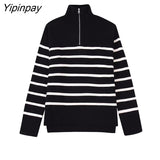 Yipinpay Women Zipper Collar Sweater 2023 Winter Fashion Striped Loose Knitting Sweaters Vintage Long Sleeve Female Pullover Tops