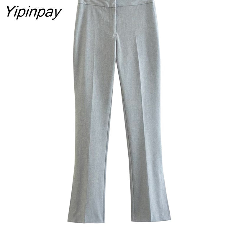 Yipinpay 2023 Spring Autumn Ladies Gray Blazer Suit Office Outfits Solid Double Breasted Jacket+Zipper Split Basic Long Pant Outwear