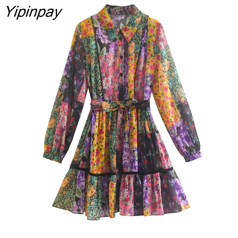 Yipinpay 2023 Spring Autumn Women Printed Mini Dresses With Belt Elegant Turn Down Collar Dress A-line Long Sleeve Vestidos