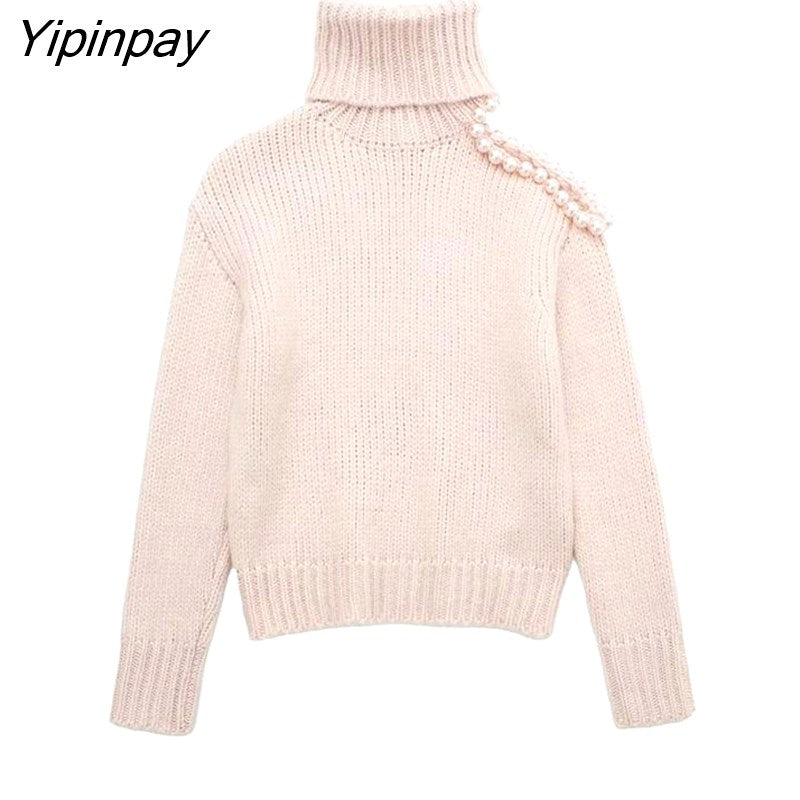 Yipinpay Autumn Winter Turtleneck Knitted Sweater 2023 Fashion Pearl Shoulder Pullover Tops Long Sleeve Casual Streetwear