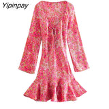 Yipinpay 2023 New Summer Women Print Dresses Fashion Deep V-neck A-line Dresses Long Sleeve Party Elegant Vestidos