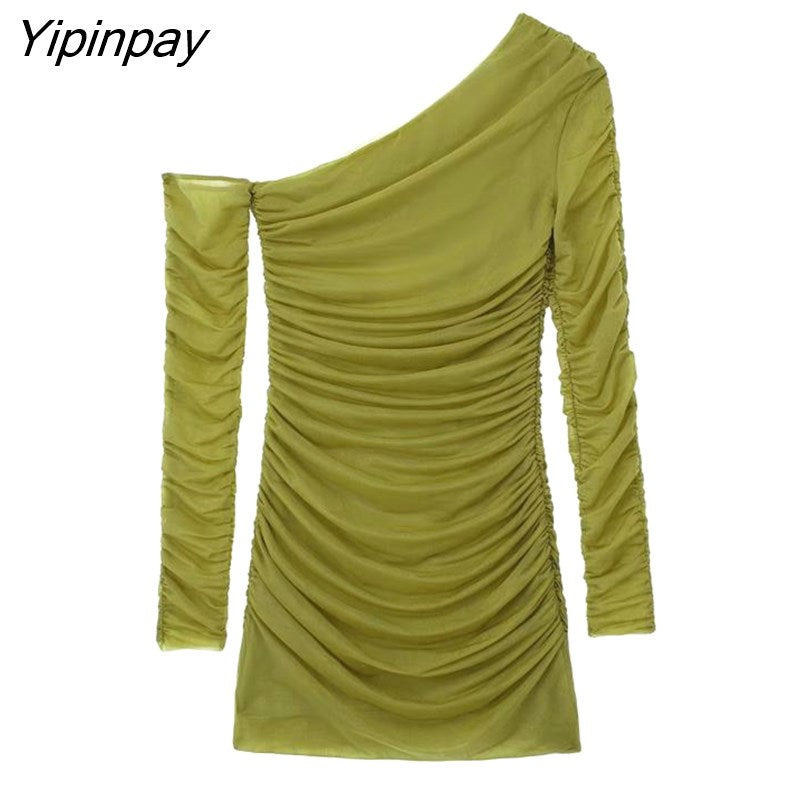 Yipinpay Summer Women Mini Slim Pleated Dresses 2023 Fashion One Shoulder Party Vestidos Elegant Side Split Dress Outwear