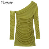 Yipinpay Summer Women Mini Slim Pleated Dresses 2023 Fashion One Shoulder Party Vestidos Elegant Side Split Dress Outwear