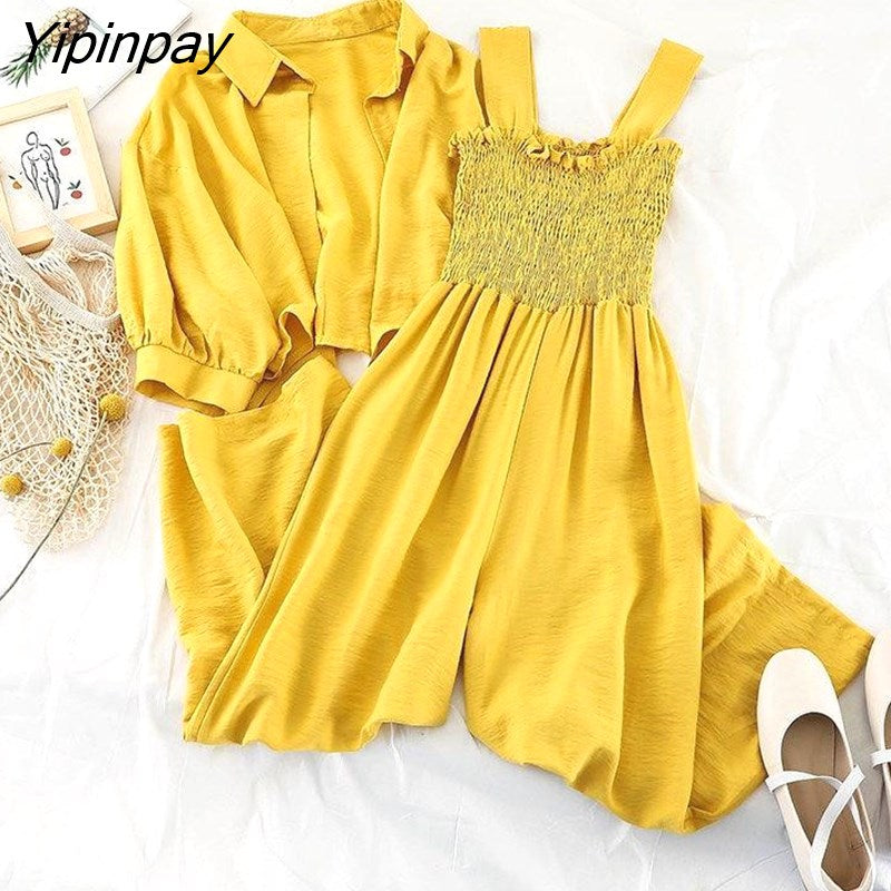 Yipinpay New Spring Women Set Korean style Fashion Loose Oversize Two piece set UPF clothes with jumpsuit Casual Female set