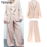 Yipinpay Women Fashion Feathe Sleeve Blazer Suit Set 2023 Solid Color Single Button Jackets Loose Wide Leg Pants Костюм Mujer