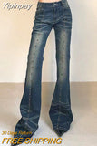 Yipinpay Baggy Jeans Woman Vintage Grunge Trousers Distressed Y2k Flared Jeans Streetwear Low Rise Rivet Stitching Pants Women