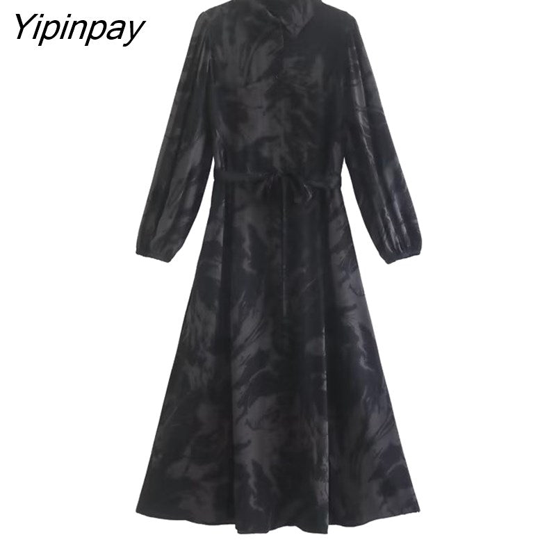 Yipinpay Women Fashion Print Long Dresses With Belt 2023 Female Elegant Turn Down Collar Clothing Long Sleeve Soft Vestidos