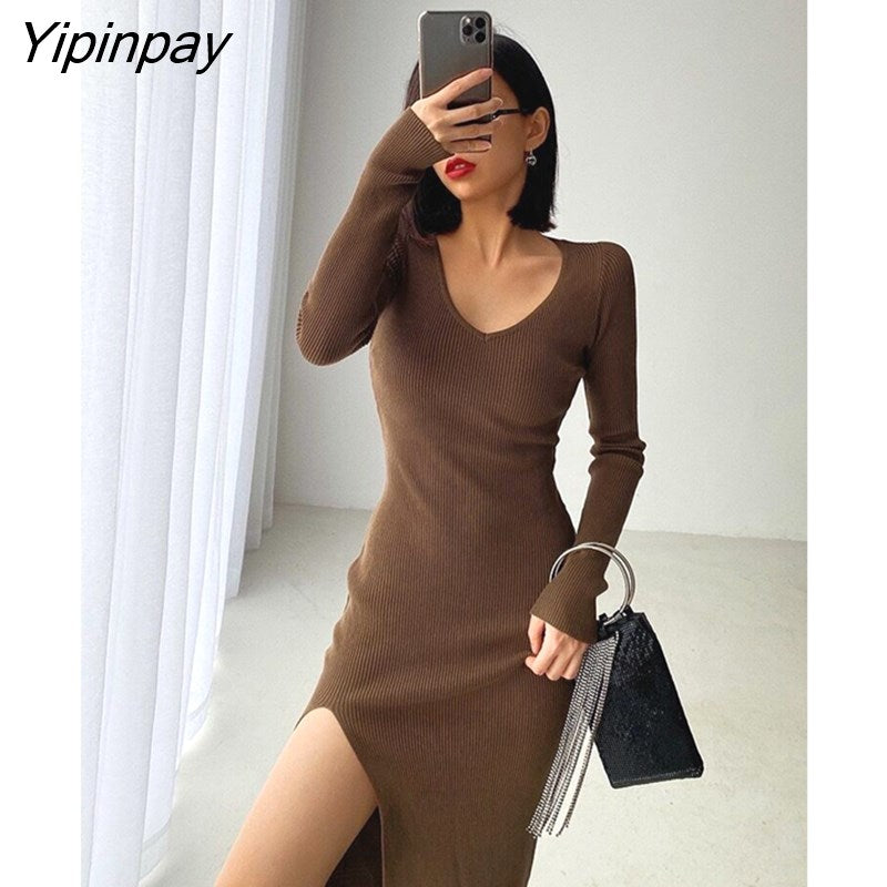 Yipinpay Black Long Sleeve Split Female Knitted Dress Autumn Winter Elegant V-neck Slim Midi-calf Bodycom Dress Women Vestidos