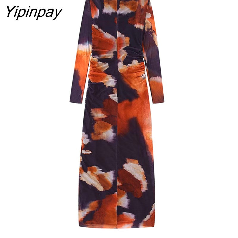 Yipinpay 2023 Women Printed Mid-Calf Dresses Elegant O-neck Pleated Dresses Fashion Vintage Long Sleeve Back Zipper Sexy Vestidos