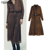 Yipinpay 2023 Women Elegant Leopar Mid-Calf Dresses With Belt Fashion Female V-neck Party Vestidos Long Sleeved Dresses Soft Outwear