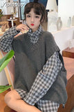 Yipinpay Spring Women vest Knitted Vintage fashion Loose Oversize V-neck pullovers Vest Match Plaid shirt Korean style female top