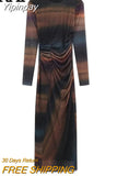 Yipinpay Print Tulle Long Dress Women Mesh Bodycon Dresses For Women Ruched Long Sleeve Midi Autumn Winter Woman Dress Party Dresses