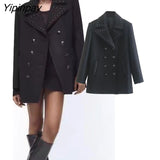 Yipinpay Warm Winter Black Solid Rivet Woolen Coat 2023 Fashion Long Sleeve Outwear Office Outfits Double Breasted Notched Overcoat