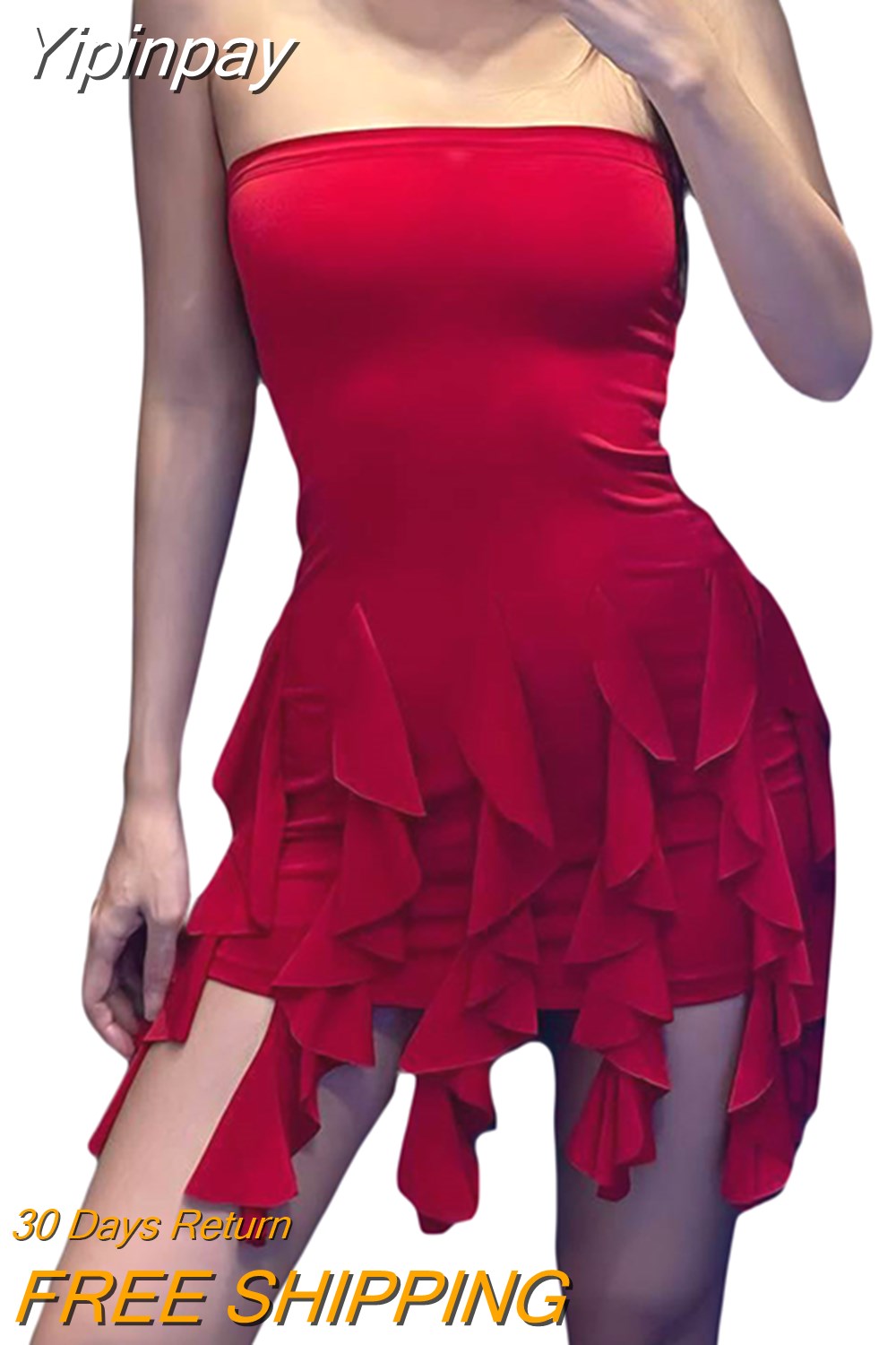 Yipinpay Fairy Ruffle Tassels Bodycon Dress 2023 Summer Party Streetwear Outfit Women Off-Shoulder Strapless Irregular Mini Dress