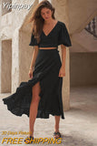 Yipinpay Summer Cotton Skirts Suits 2 Pieces Woman Vacation Outfits Puff Sleeve Crop Tops Long Split Skirts Casual Sets 2023