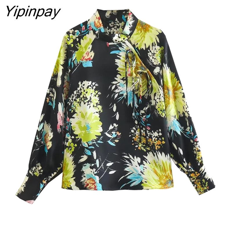 Yipinpay Vintage Women Floral Printed Bow Blouses 2023 Fashion O-neck Spring Autumn Causal Long Sleeved Thin Tops Pullover T-Shirts