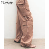 Yipinpay Fashion Women Solid Cargo Pants 2023 Summer Fashion High Street Female Causal Pants Elastic Waist Pockets Long Trousers