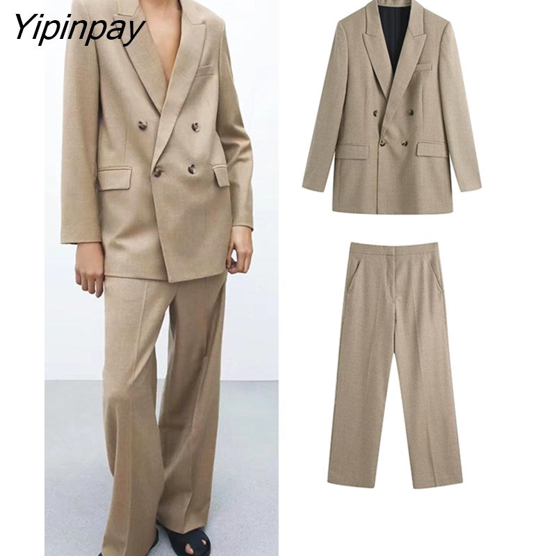 Yipinpay Women New Autumn Blazer Pant Sets 2023 Long Sleeve Office Outfits Coat Double Breasted Jacket Zipper Trouser Outwear