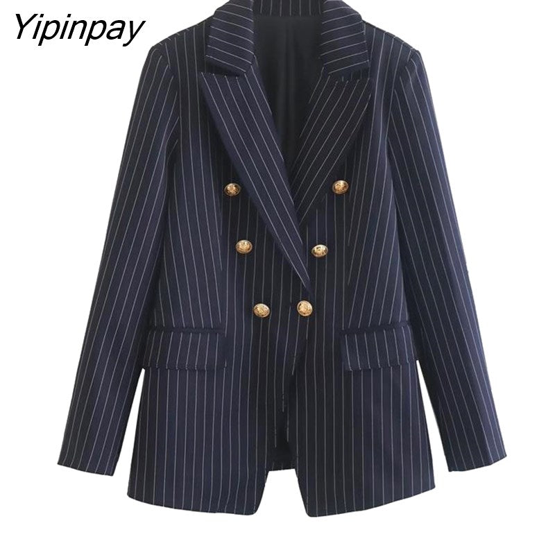 Yipinpay 2023 Women Striped Blazer Pant Sets Spring Autumn Long Sleeve Office Outfits Double Breasted Jacket Zipper Trouser Outwear