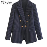 Yipinpay 2023 Women Striped Blazer Pant Sets Spring Autumn Long Sleeve Office Outfits Double Breasted Jacket Zipper Trouser Outwear