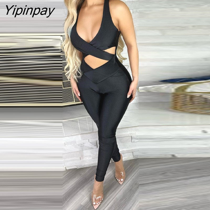 Yipinpay Women Solid Cris Cross Elegant Halter Sexy V Neck Bodycon Black Sexy Jumpsuit