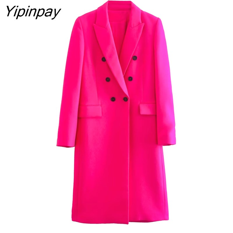 Yipinpay Women Solid Coats 2023 Thick Lapel Double Breasted Long Coats Lady Outerwear Fashion Long Clothes 2023 Autumn Winter