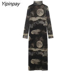 Yipinpay 2023 Ladies Printed Tulle Dresses Vintage Elegant Party Sheath Mid-Calf Dress Long Sleeve Turtleneck Vestidos Spring Autumn