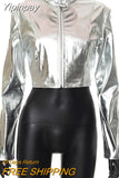 Yipinpay Metallic Bomber PU Faux Leather Jackets for Women 2023 Autumn Streetwear Fashion Zip Up Cropped Coats Outwear