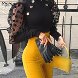 Yipinpay Women Chic Casual Dot Mesh Lantern Sleeve button Sexy Bodycon Black Bodysuits