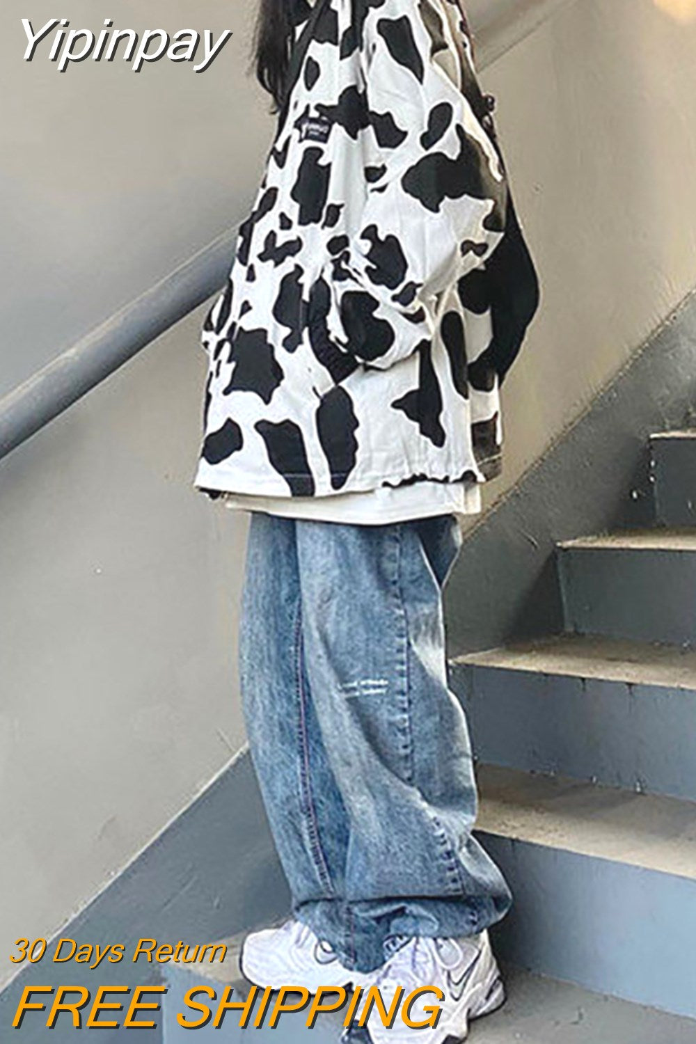 Yipinpay Cow Print Jacket Women Oversize Jackets Harajuku Korean Long Sleeve Double-sided Wear Coat Vintage Hip Hop Streetwear