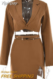 Yipinpay Fall 2023 Two Piece Cropped Blazer Skirt Set 2 Piece Sets Womens Outfit Skirt Femme Button Notched Lace Up Matching Set