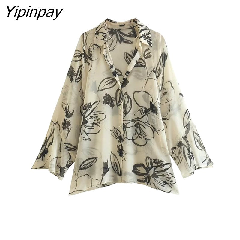 Yipinpay Summer Women Floral Printed Thin Blouses Shirt 2023 Translucent Material Turn Down Collar Tops Single Breasted T-Shirts