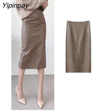 Yipinpay Autumn Winter Vintage Split Mid Length Skirt Women PU High Waist Hip Bag Fake Leather