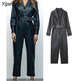 Yipinpay 2023 Fashion Women Faux Leather Jumpsuits With Belt Spring Autumn Vintage Long Sleeve Notched Female Causal Playsuits Mujer