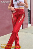 Yipinpay Lace-up Cross Hollow PU Leather Pants Street Style High Waist Straight-Leg Trousers Women's Streetwear Solid Slim Pants