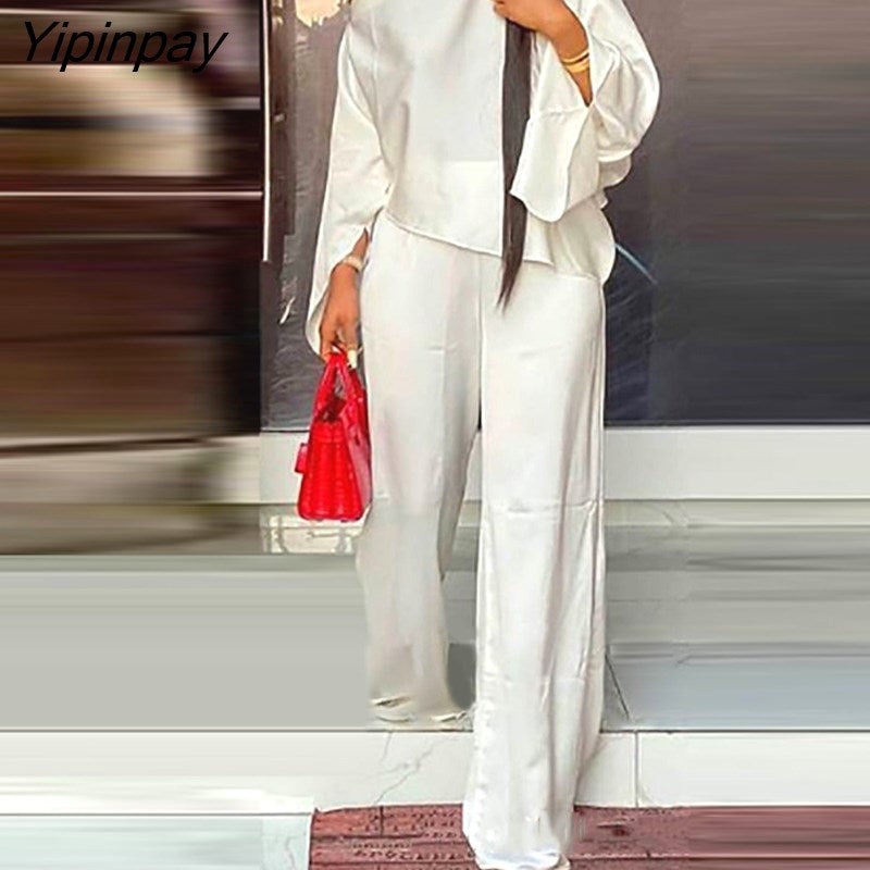 Yipinpay Women Solid Asymmetrical Flared Sleeves One Shoulder  Wide Leg White Pants sets