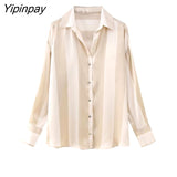 Yipinpay Summer Women Oversized Striped Blouses Shirt 2023 New Causal Turn-Down Collar Tops Vintage Single Breasted Loose T-Shirts