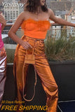 Yipinpay Women Metallic Straight-Leg PU Pants Sexy ZA Sparkling High Waist Trousers Streetwear Clubwear Costumes 2023 Spring Fall