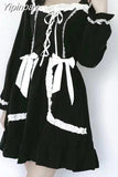 Yipinpay and Autumn Mori Girl Style Dress Women Ruffles Patchwork Square Collar Japan Lace Up Female Black Dress