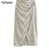 Yipinpay Summer Women Printed Skirt Set Long Sleeve Turn Down Collar ShirtHigh Waist Straight Elastic Pleated Skirts Casual Outwear