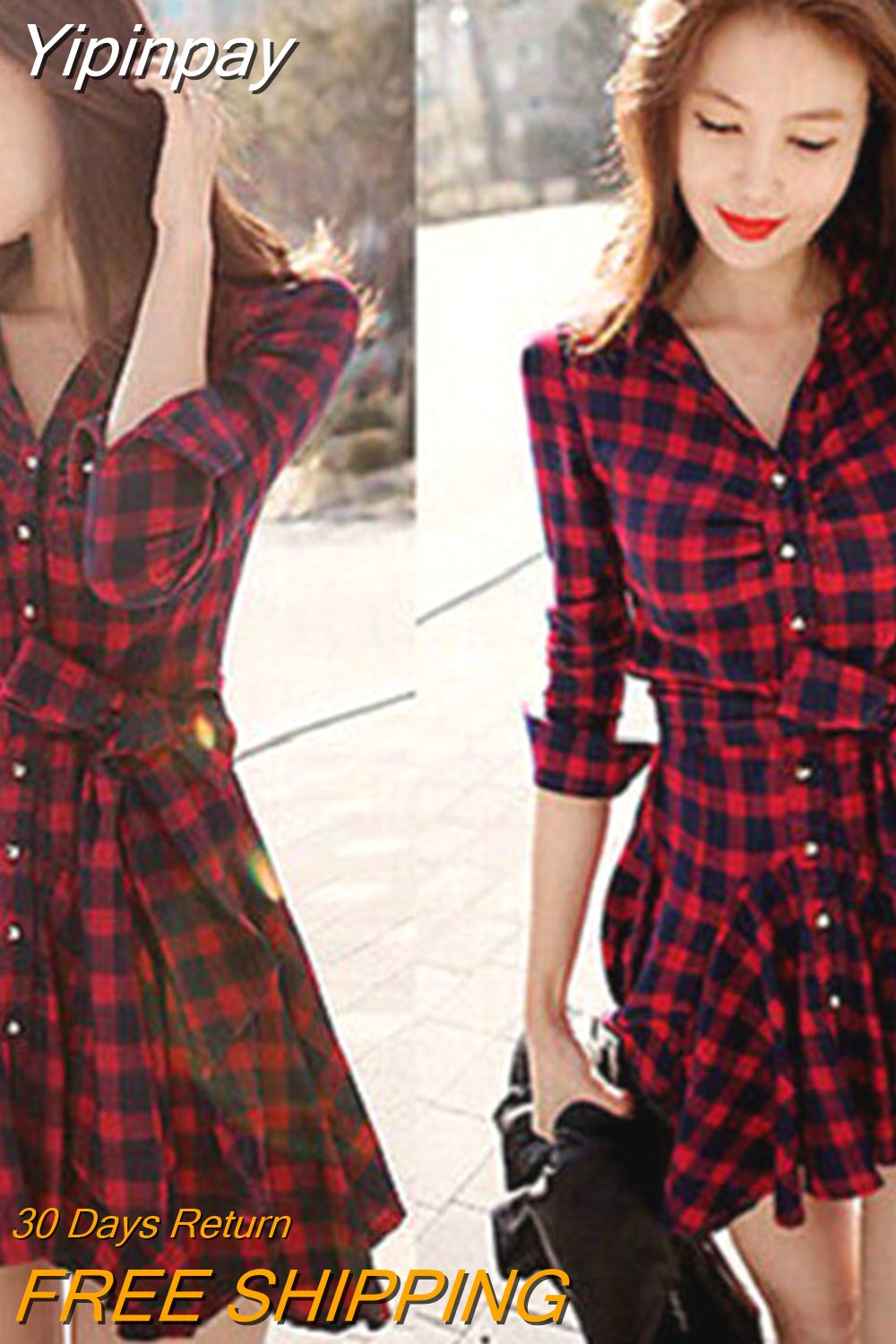 Yipinpay Womens Lady Long Sleeve Ruffles Office Ladies Casual Flannel Plaid Check Button Down Top Layer Shirt Dress
