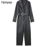 Yipinpay 2023 Fashion Women Faux Leather Jumpsuits With Belt Spring Autumn Vintage Long Sleeve Notched Female Causal Playsuits Mujer